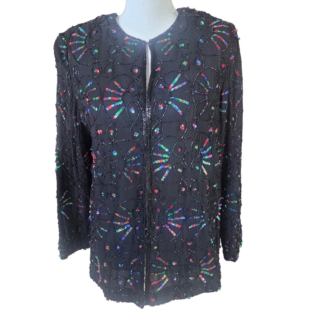 VTG Royal Feelings Beaded Silk Jacket L Black Rainbow Sequin Glitz Whimsigoth